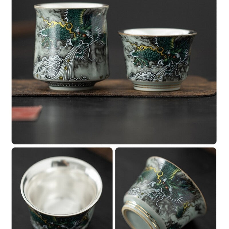 999 Sterling Silver Tea Set Ceramic Gaiwan Tea Pot Dragon Print Pitcher Tea Cups