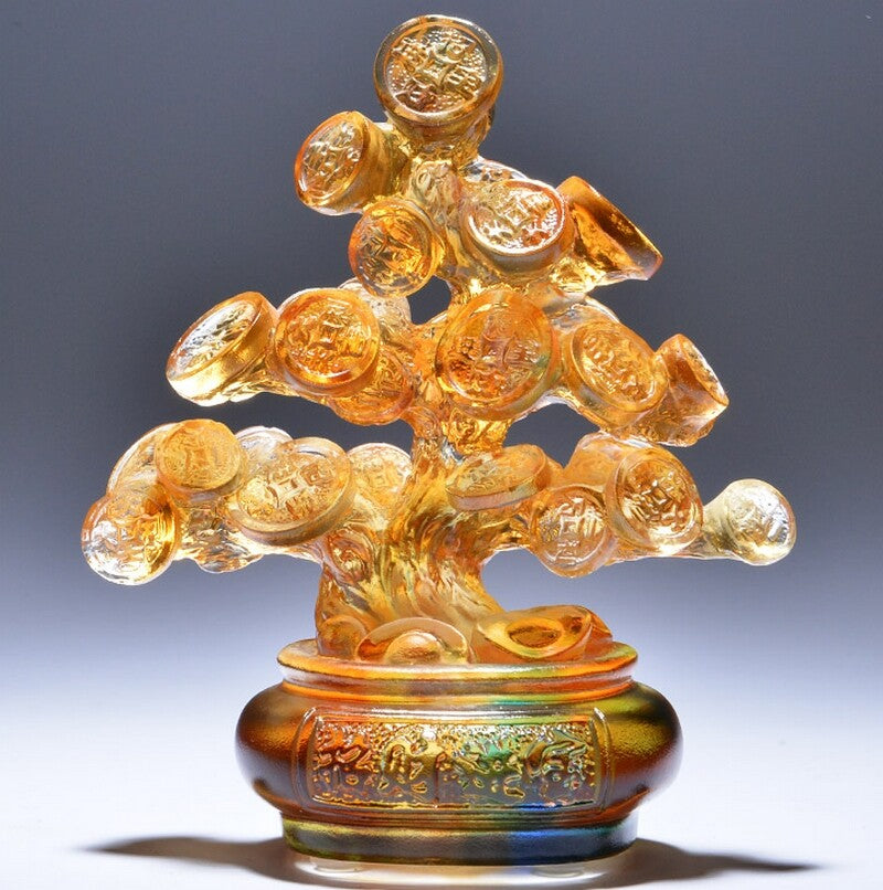 Crystal Coin Tree Statue Chinese Liu Li Glass Feng Shui Wealth Bonsai Money Deco