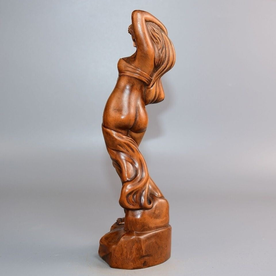 8.7" Old Boxwood Carved Girl Statue Wood Carving Collection Home Decor