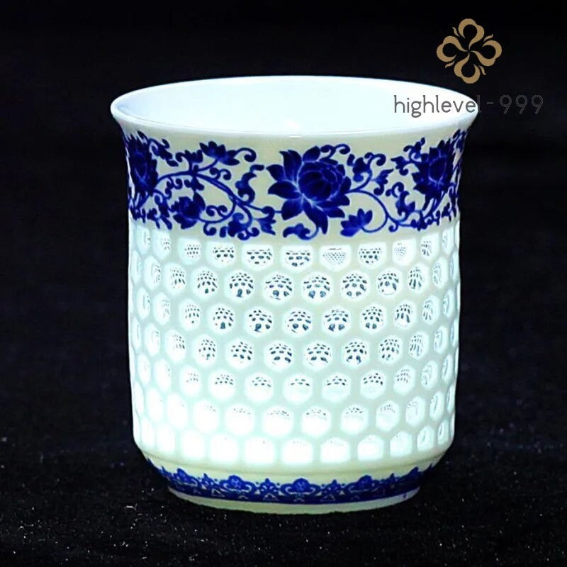 Crystal Hollow Tea Cup White Ceramic Teaware Blue Porcelain Teacup Kung Fu Tea