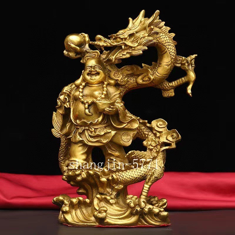 9.8" Chinese Buddhism Brass Lucky 12 Zodiac Animal Dragon Maitreya Buddha Statue
