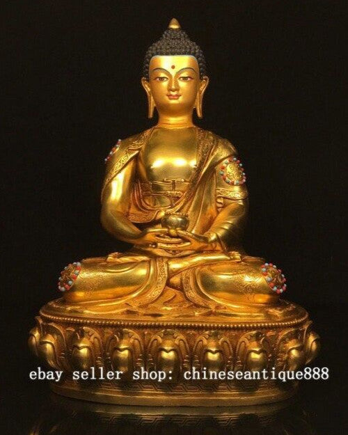 12'' Old Nepal Bronze Gilt Painting Shakyamuni Sakyamuni Amitabha Buddha Statue