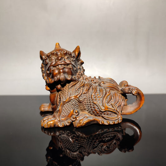 Chinese Boxwood Hand Carved Wooden Kylin Statue Unicorn Figure