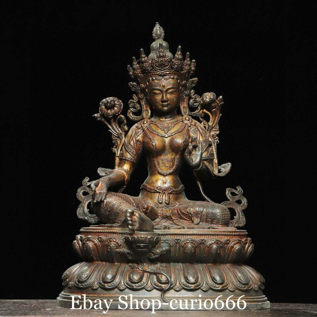 8'' Old Tibet Pure Bronze Gilt Green Tara Mahayana Enlightenment Goddess Buddha