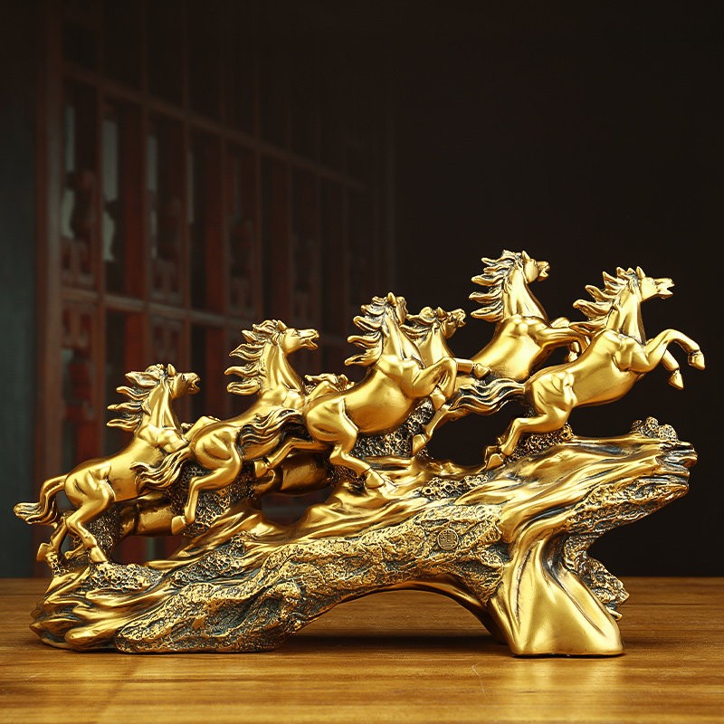 14" China Feng Shui Resin Auspicious Success Nine Horse Pentium Statue