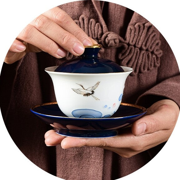 Hand Painted Crane Porcelain Gaiwan Sancai Bowl Saucer Lid 150ml Ceramic Tureen
