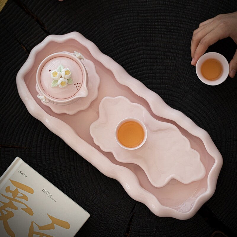 Complete Tea Set For Lady Ceramic Tea Pot Handmade Floral Relief Tea Cup Tray