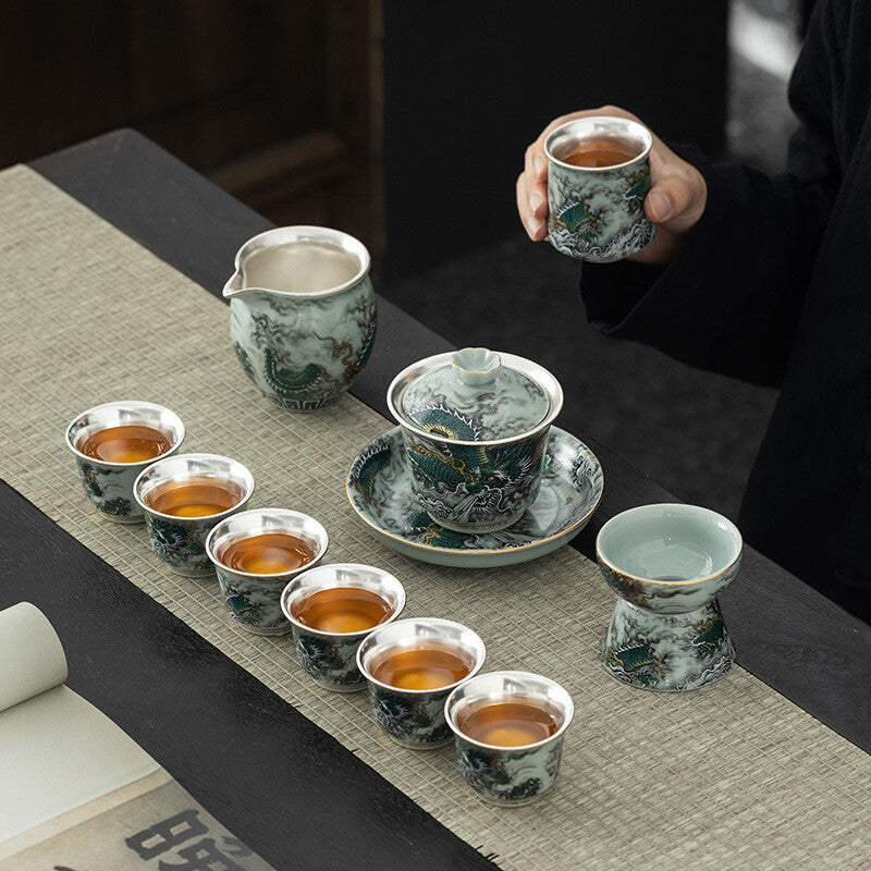 999 Sterling Silver Tea Set Ceramic Gaiwan Tea Pot Dragon Print Pitcher Tea Cups