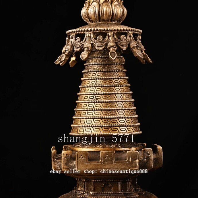 Old Tibet Buddhism Copper 8 Auspicious Symbol Buddha Stupa Pagoda Tower Statue