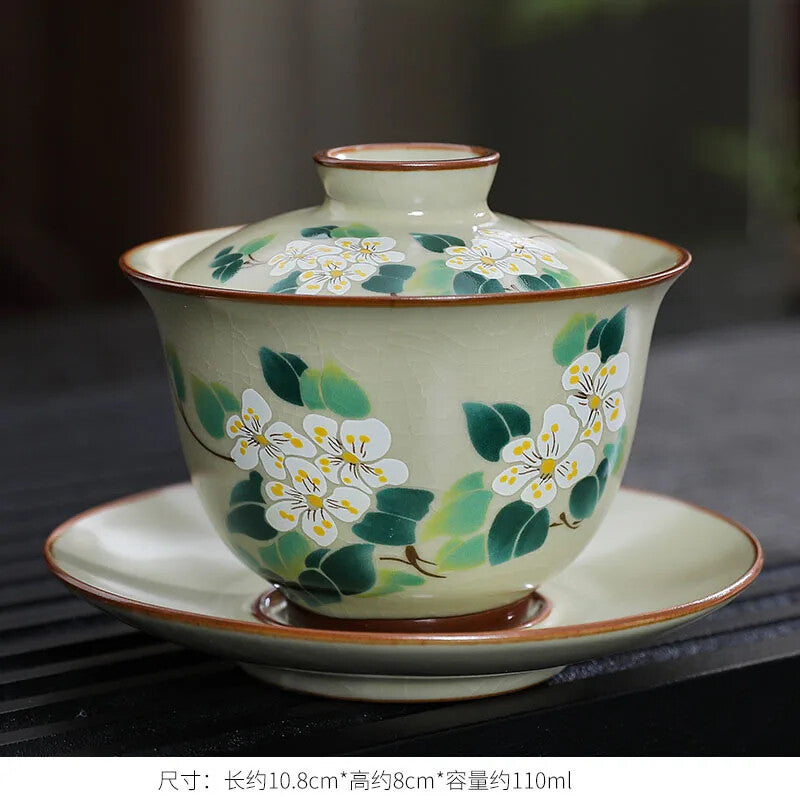 Handmade Gaiwan Chinese Teacup Hand-painted Flowers Sancai Tea Tureen Tea Bowl