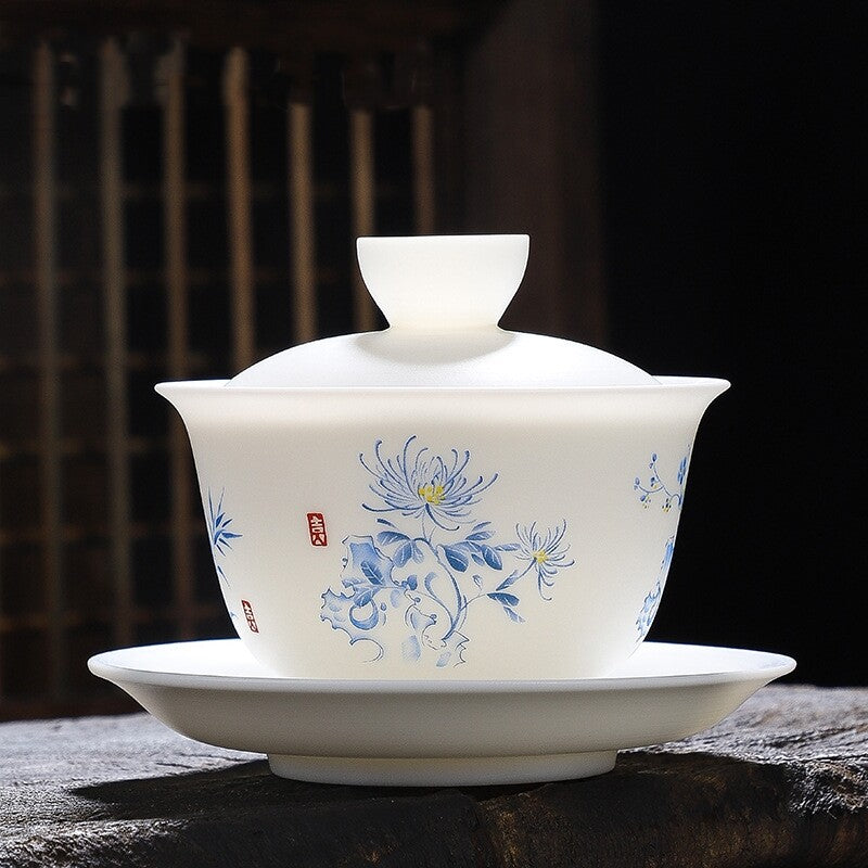 Jade Porcelain Gaiwan Hand Drawing Boutique Tureen Cup Saucer Lid Sancai Bowl