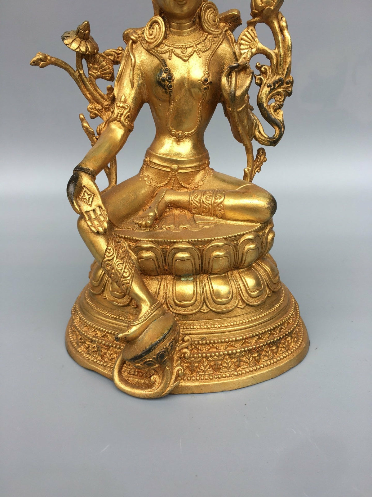 8.4" Antique Old Temple Tibetan Buddhism Dynasty Bronze Gilt Green Tara Statue