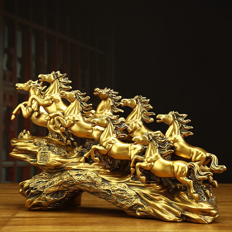 14" China Feng Shui Resin Auspicious Success Nine Horse Pentium Statue