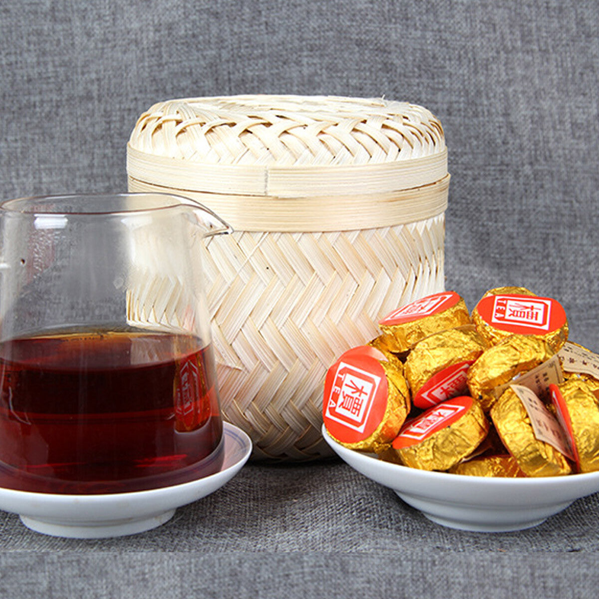High Quality Puerh Tea Ripe Puer Small Golden Cake Premium Bamboo Basket 500g