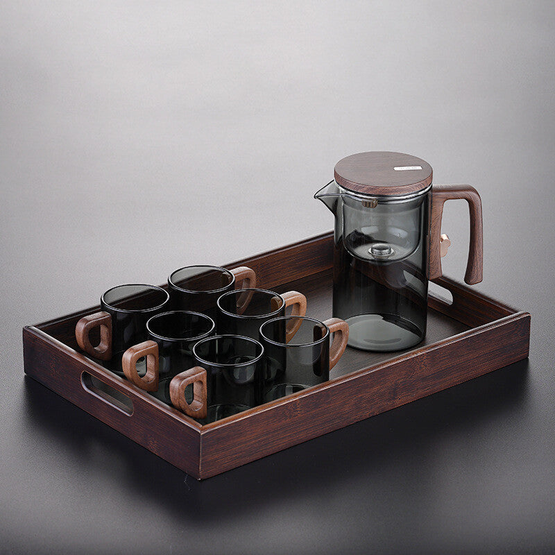 Boutique Tea Pot Matching Cup Glass Wood Handle Tea Tray Tea Water Separation