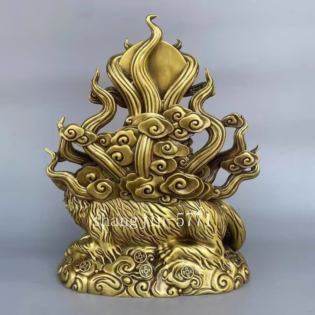 Brass Nine-tailed Fox Godness Statue Couple Love Feng Shui Bedroom Decor