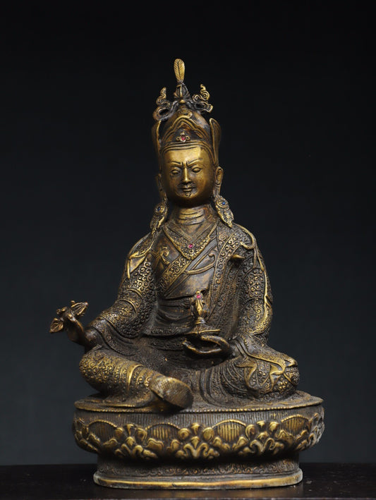 15.7" China Old Tibetan Buddhism Temple Bronze Gilt Padmasambhava Buddha Statue