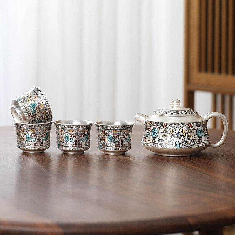 Ceramic Sterling Silver Tea Pot Handle Matching Tea Cup Chinese Kungfu Tea Set