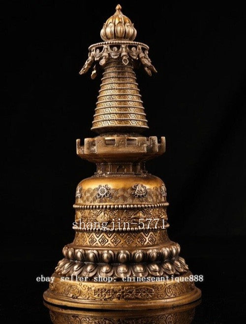 Old Tibet Buddhism Copper 8 Auspicious Symbol Buddha Stupa Pagoda Tower Statue