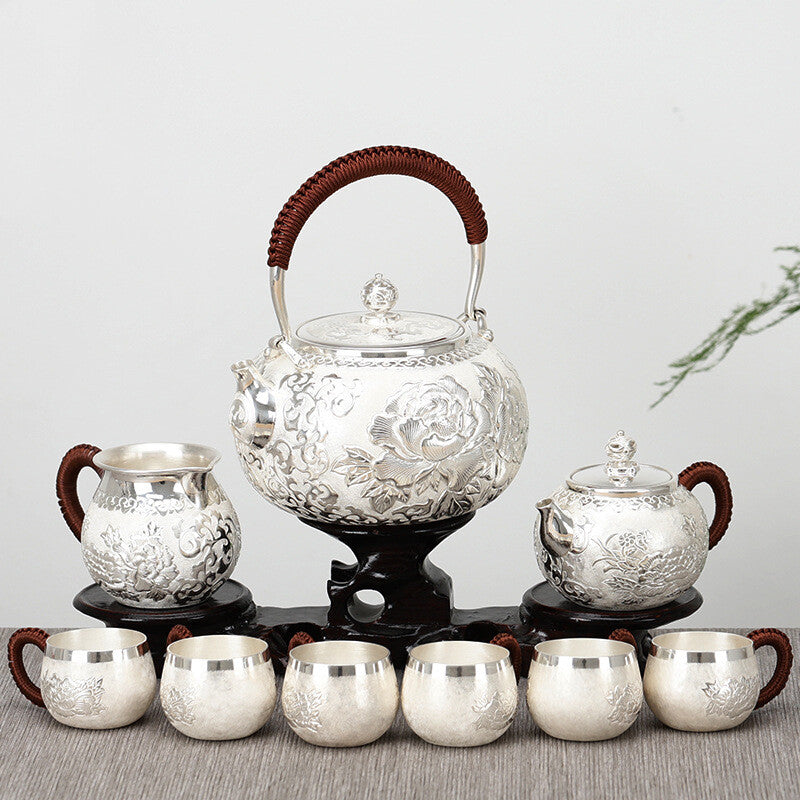 Sterling Silver Tea Set Stove Kettle Tea Pot Tea Cups Handmade Wealth Blooms Set