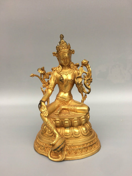 8.4" Antique Old Temple Tibetan Buddhism Dynasty Bronze Gilt Green Tara Statue