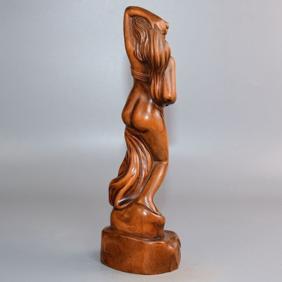 8.7" Old Boxwood Carved Girl Statue Wood Carving Collection Home Decor