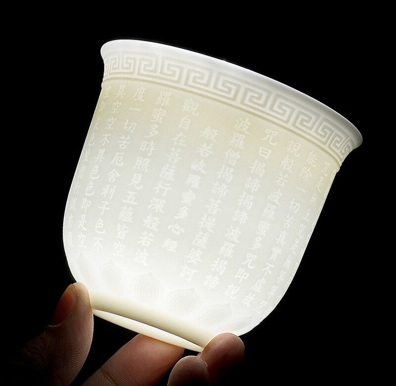 Tea Cups Ceramic Carved Heart Sutra Tea Cup Buddhist Drinking Teacup Dehua Cups