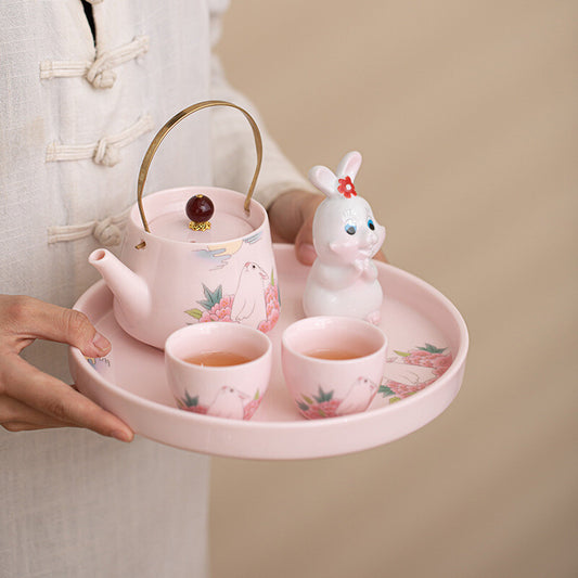 Chinese Complete Tea Set Porcelain Tea Pot With Handle Tea Cup Serving Tray New