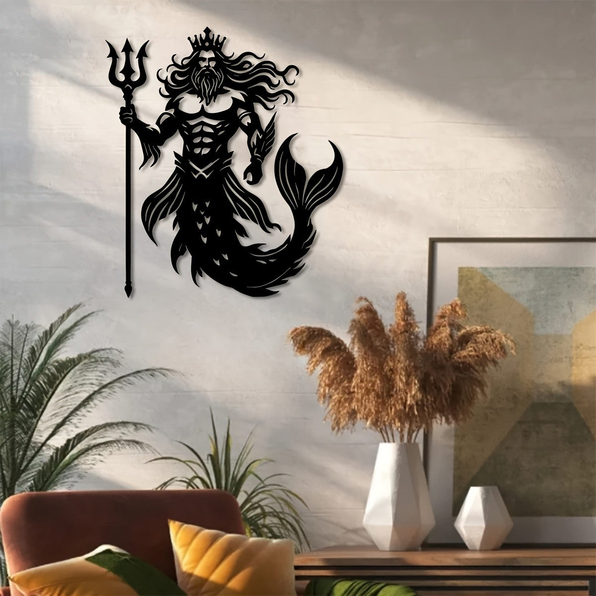 Nautical Metal Merman Wall Art - Intricate Poseidon Trident for Modern Home