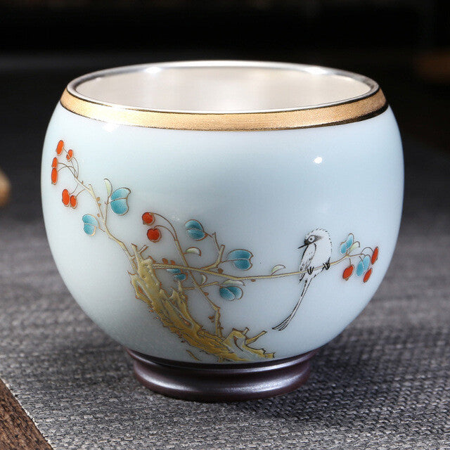999 Silver gilt tea bowl Ru Kiln Antique Tea Cup Chinese kungfu master tea cup