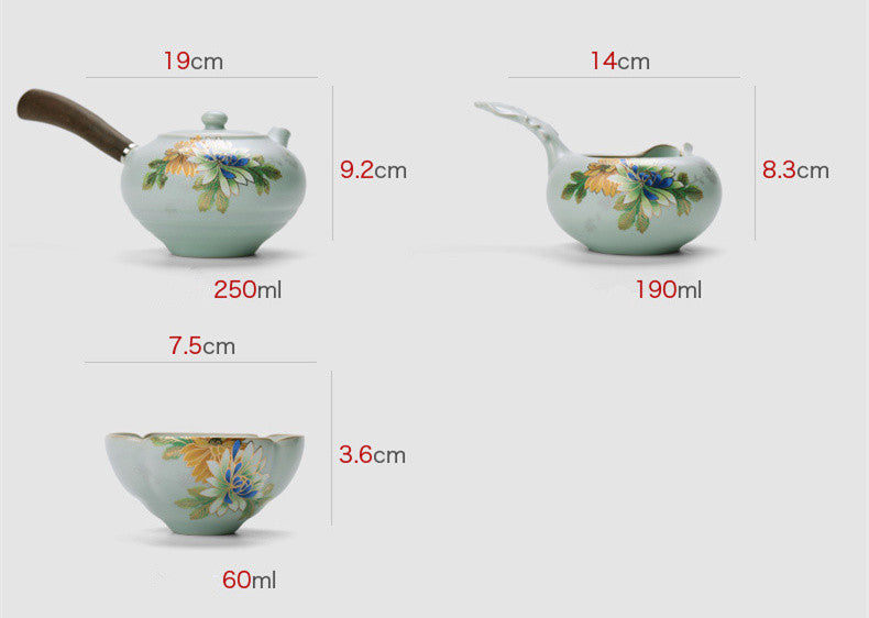 Complete Tea Set Boutique Ruyao Craft Flower Relief Tea Pot Gaiwan Tea Cups Bowl