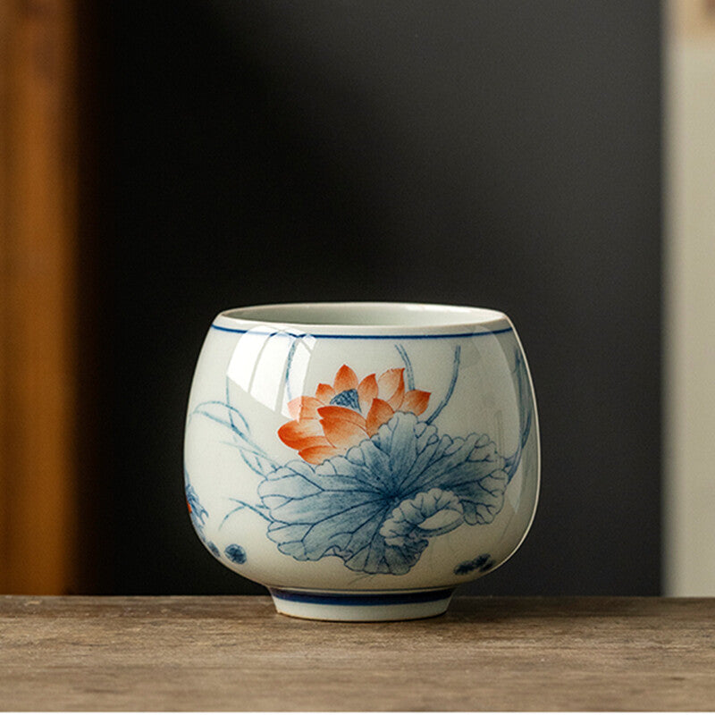 Antique Chinese Lotus Vintage Tea Cup Ceramic Cask Cup Teacup Teaware