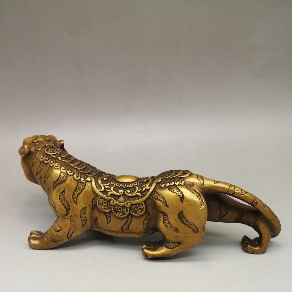 9.8" Chinese Antique Brass Tiger Ornament Statue
