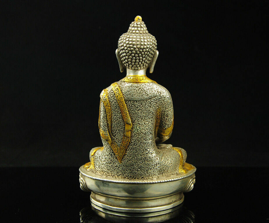 Exquisite Tibet Silver Gilt Tibetan Buddhism Sakyamuni Buddha Statue