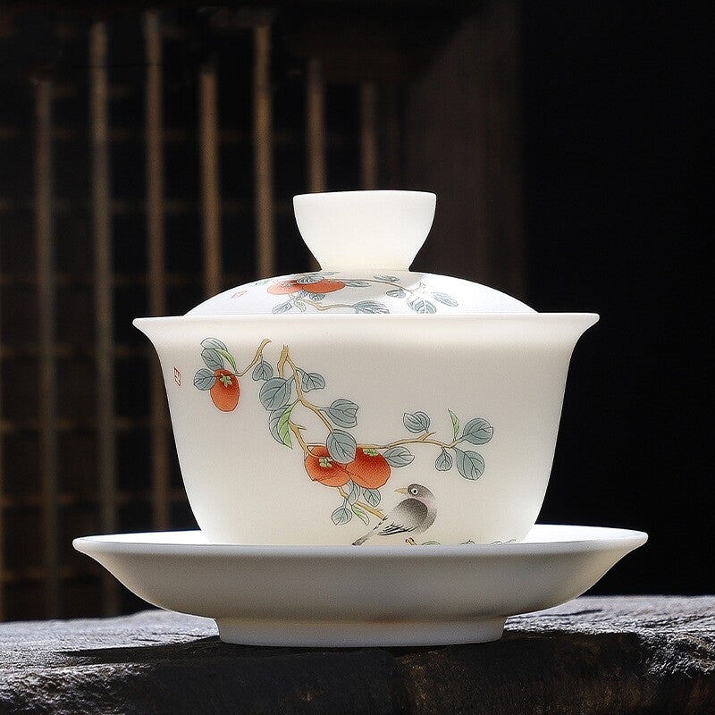 Jade Porcelain Gaiwan Hand Drawing Boutique Tureen Cup Saucer Lid Sancai Bowl
