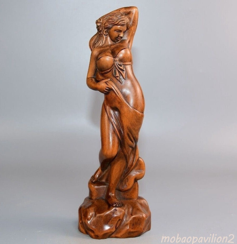 8.7" Old Boxwood Carved Girl Statue Wood Carving Collection Home Decor