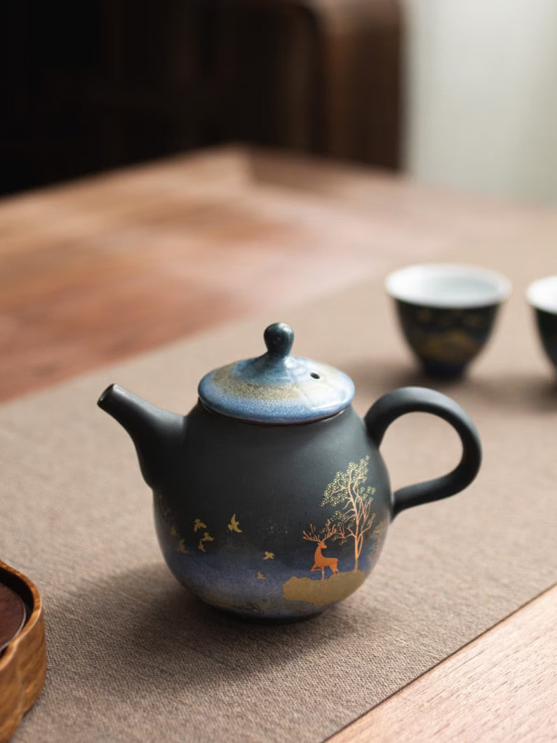 Embersceramic Ceramic Teapot Gold Deer Chinese Tea Pot Vintage Teapot 240ml Blue