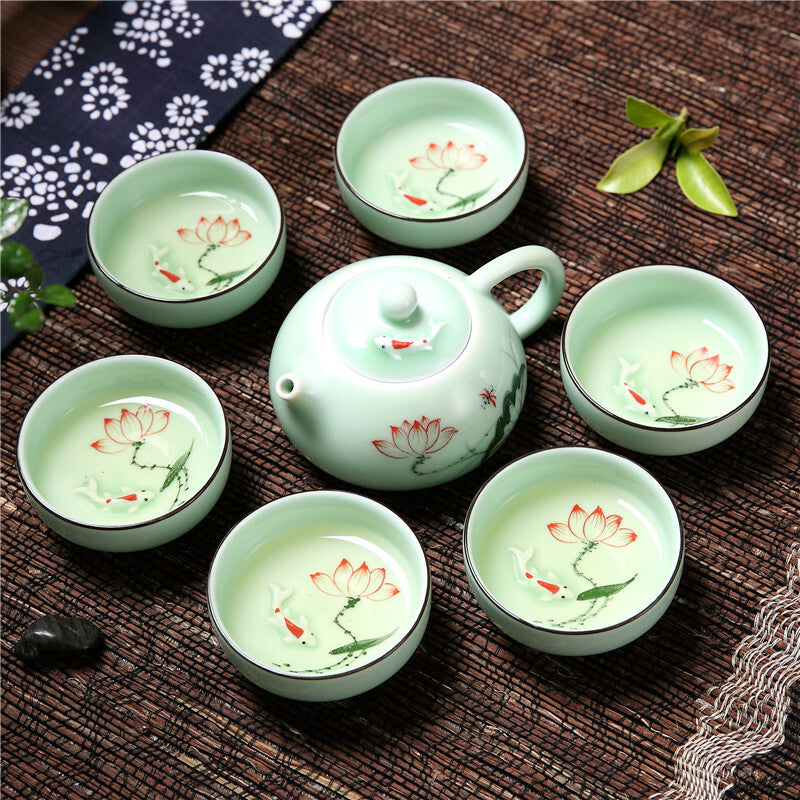 One Tea Pot + Six Tea Cups Longquan Celadon Porcelain Tea Set Fish Relief Floral