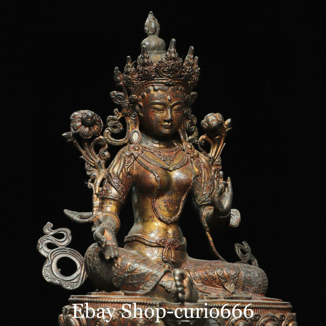 8'' Old Tibet Pure Bronze Gilt Green Tara Mahayana Enlightenment Goddess Buddha