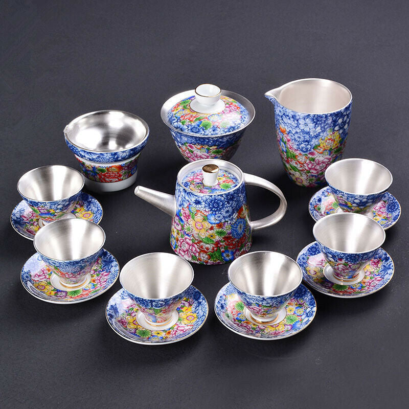 Vintage Sterling Silver Teapot 999 Sterling Tea Set Pots Gaiwan Tea Cup Saucer