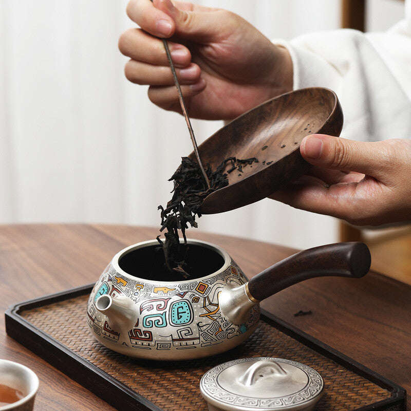Ceramic Sterling Silver Tea Pot Handle Matching Tea Cup Chinese Kungfu Tea Set