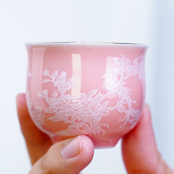 Porcelain Tea Set For Lady Pink Floral Print Tea Pot Matching Tea Cup Master Cup
