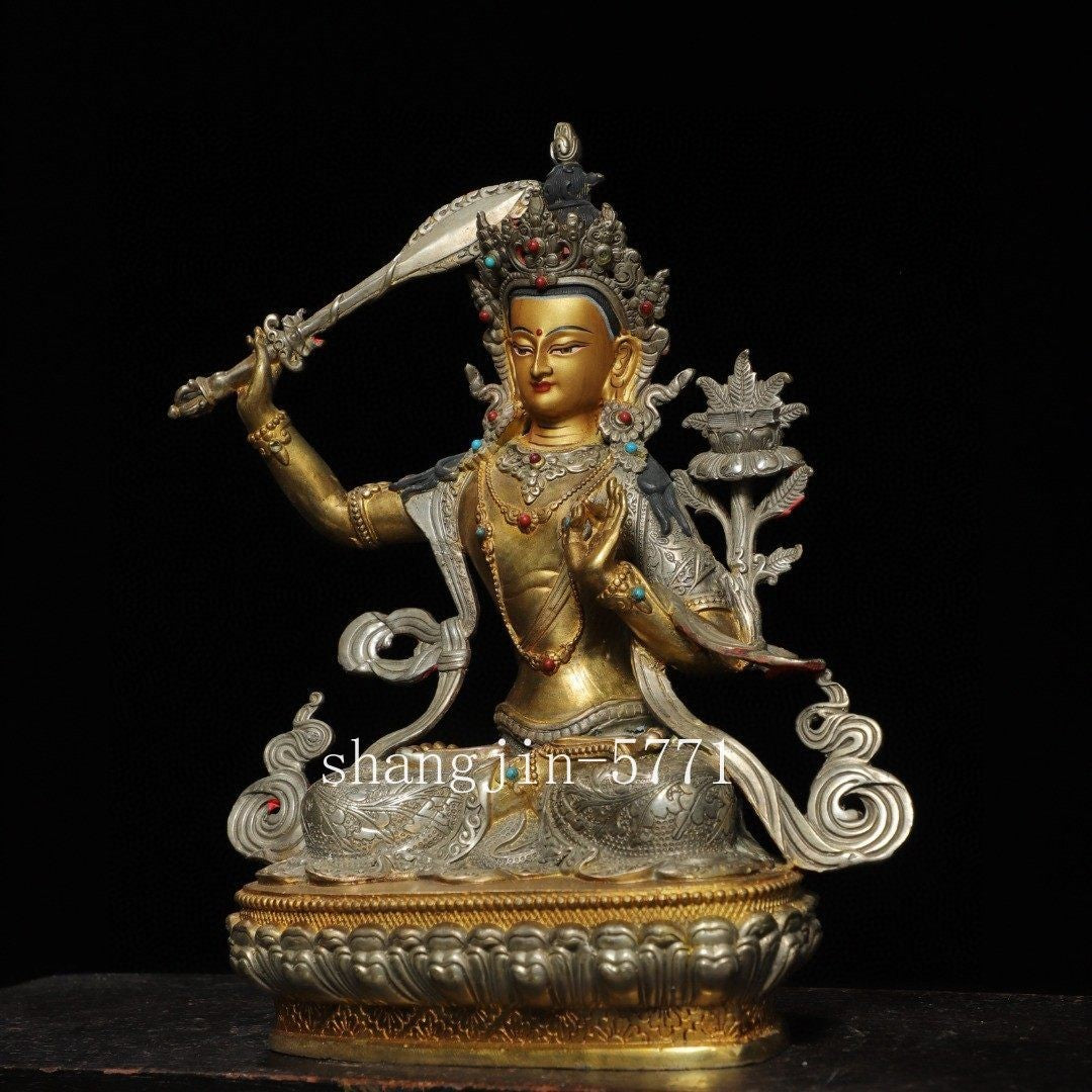 12.2"Xizang Buddhism Temple Bronze Hold Sword Manjushri Tara Buddha Statue
