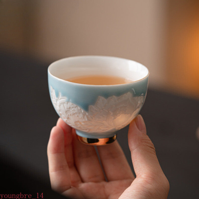 Shadow Carving Flower Teacup Handmade Tea Bowl Portable Travel Personal Tea Set