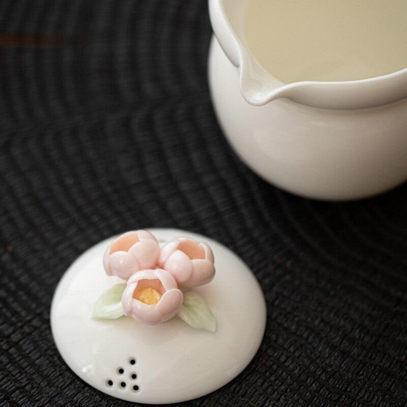 Complete Tea Set For Lady Ceramic Tea Pot Handmade Floral Relief Tea Cup Tray