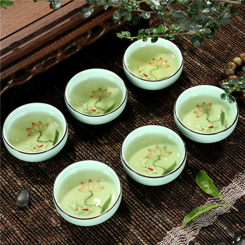 One Tea Pot + Six Tea Cups Longquan Celadon Porcelain Tea Set Fish Relief Floral