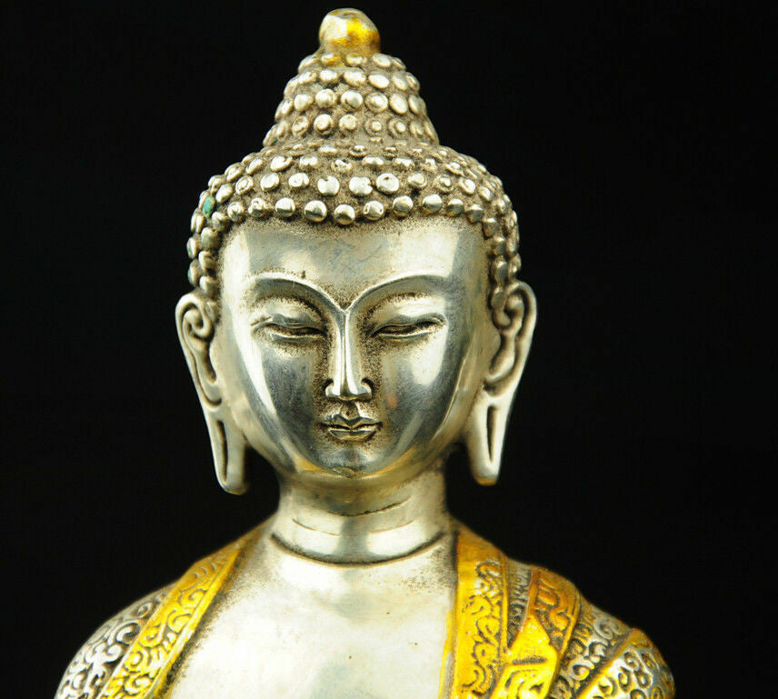 Exquisite Tibet Silver Gilt Tibetan Buddhism Sakyamuni Buddha Statue