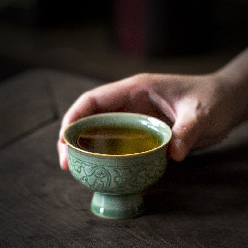 Celadon Flowers Teacup Ceramic Chinese Kung Fu Tea Cup Teaware Bowl