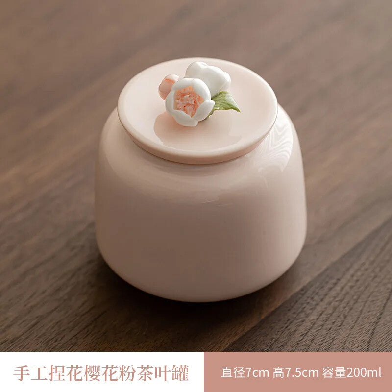 Handmade Ceramic Tea Caddies Tea Container Porcelain Pink Flower Tea Caddy