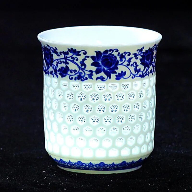 Crystal Hollow Tea Cup White Ceramic Teaware Blue Porcelain Teacup Kung Fu Tea